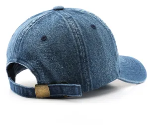 Rear view of washed denim baseball cap featuring an adjustable vintage bronze metal buckle
