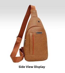 Detailed side view of brown PU leather crossbody bag with red zipper stitching and earphone hole