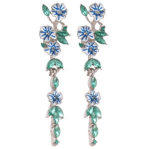 Boucles d'oreilles fleuries avec pétales papillon bleus et gemmes gouttes vertes