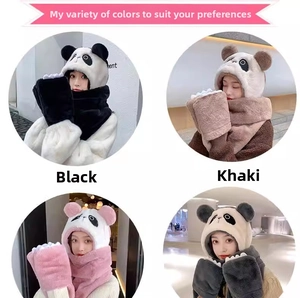Detail view of plush panda 3-in-1 hat set showing black, khaki, pink, and grey colors