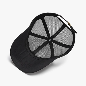 Breathable black mesh trucker cap with adjustable metal buckle and reinforced stitching