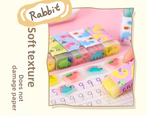 Close-up of colorful cartoon dinosaur erasers with cute paper sleeves for students