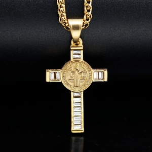 Gold 316L stainless steel cross necklace with St. Benedict medal and clear cubic zirconia