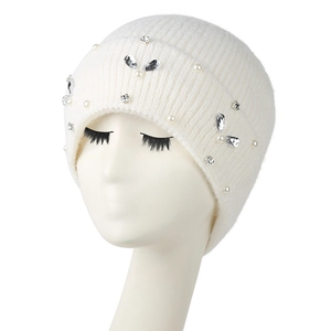 Women's white thick knit beanie hat with leaf rhinestones and pearls for winter