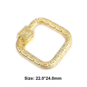 Detail showing 22.0x24.0mm golden jewelry clasp with Greek key pattern and cubic zirconia