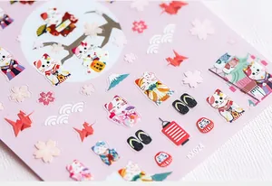 Detailed view of Japanese style 5D nail art stickers with cherry blossoms and lucky cat