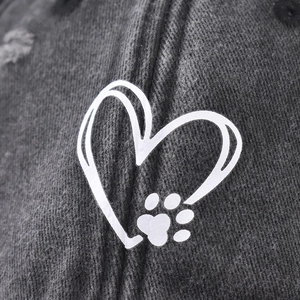 Distressed dark grey washed cotton baseball cap featuring a white heart paw print design