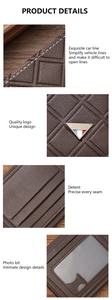 Detail view of brown leather wallet featuring grid texture, card slots and logo plate