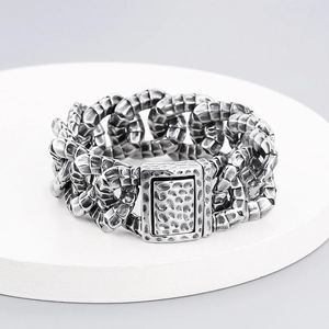 Vintage silver dragon scale Cuban chain bracelet with hammered texture finish for men