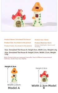 Size chart for miniature resin tile houses showing detailed dimensions for styles A and B