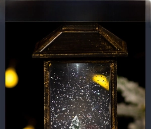 Detailed close-up of retro Christmas water lantern with rotating hand-painted scenery