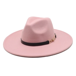 Detailed side view of pink wool fedora with black leather band and gold buckle