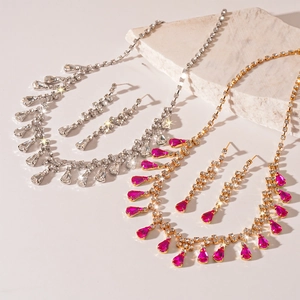 Luxury rhinestone teardrop necklace and earrings set in silver and gold plating