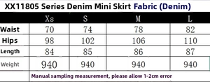 Größentabelle für Denim-Midirock mit Maßen für Taille, Hüfte und Länge in den Größen XS-L