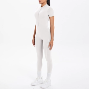 Detail of slim-fit unitard with front zipper and hollow-back design for yoga