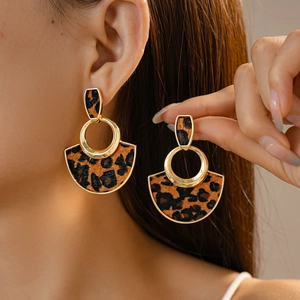 Close-up of leopard print fan-shaped earrings worn by a model in a fashion setting