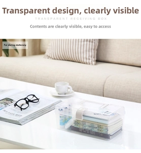 Detail of transparent storage box with buckle showing stationery inside for desktop use