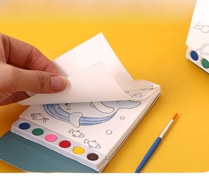 Detail of portable watercolor book with 6-color palette and thick ocean-themed paper