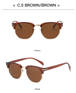 Front and 45-degree views of retro TR90 polarized semi-rimless sunglasses in brown