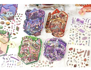 Detail of 2.5D isometric house stickers with colorful cartoon furniture and room scenes
