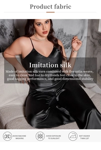 Detail of black imitation silk pajama set with V-neck camisole and loose trousers
