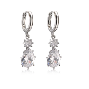 Silver geometric hoop earrings with sparkling round and teardrop zircon crystals