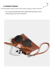 Brown litchi grain PU leather pouch showing capacity for phone, watch, and sunglasses