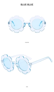 Front and side views of light blue flower-shaped sunglasses with translucent frames for kids