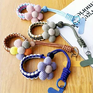 Handmade Adjustable Woven Phone Lanyard With 3D Fabric Flower Parachute Cord Wrist Strap For Women Phone Accessory Wristlet