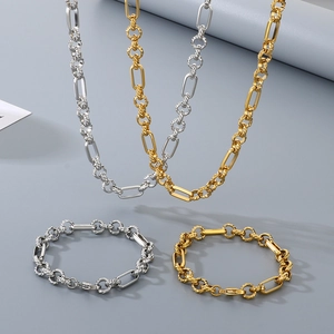 Set collana e bracciale hip hop in acciaio inossidabile finitura oro e argento lucido