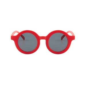 Vibrant red round frame sunglasses for kids with dark grey lenses on white background