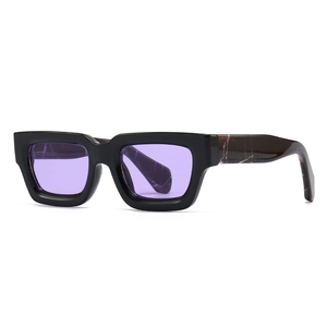 Retro irregular polygon sunglasses with black frames and purple lenses in a 45-degree view