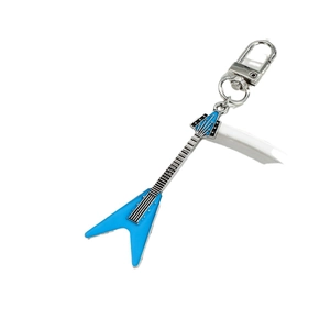 Blue V-shaped electric guitar metal keychain with silver link chain on white background
