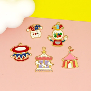 Set of 5 colorful circus enamel charms featuring clown hat and carousel for DIY jewelry