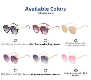 Detailed grid of polygon children's sunglasses with metal bow accents in six colors