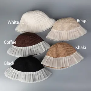 Gestrickte Sonnenhüte mit Spitzenrüschen für Damen in Weiß, Beige, Braun, Khaki und Schwarz