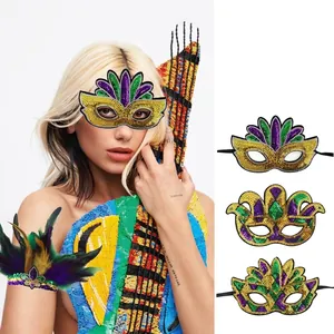 Masques À Paillettes Et Bandeaux À Plumes De Mardi Gras Violet Vert Or Accessoires De Costume De Fête Et De Carnaval