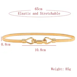 Elegant gold metal elastic waist belt with 65cm circumference and sleek interlocking buckle