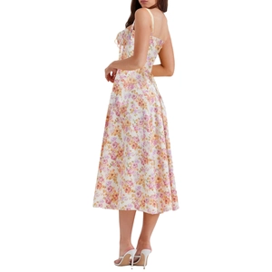 Floral backless cami midi dress with orange and purple patterns and A-line silhouette