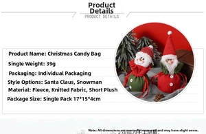 Close-up of Santa and Snowman drawstring Christmas gift bags with material specifications