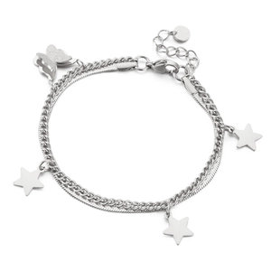 Double-layered silver bracelet with butterfly and star pendants on a sleek snake chain
