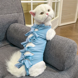 Light blue breathable cat recovery suit with ribbon ties for post-surgery protection