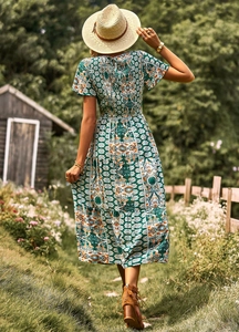 Vue arrière d'une robe longue fleurie verte ajustée sur un chemin de jardin