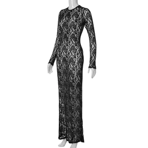 Detailed close-up of black floral lace fabric on a long sleeve slim fit maxi dress
