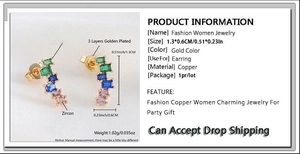 Detail specifications and dimensions of gold-plated earrings with green cubic zirconia