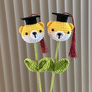 Handmade crochet shiba inu graduation flower bouquet with academic cap and tassel