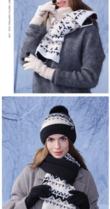 Detail of winter knit set featuring jacquard pattern scarf and pompom beanie in snow