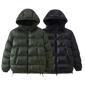 Women Shiny Puffer Jacket Hooded Warm Winter Coat Casual Glossy Quilted Outwear With Zipper Pockets Solid Color Fashion