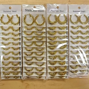 Bulk set of gold-plated geometric hammered stainless steel hoop earrings for women