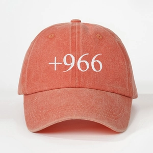 Vintage brick red washed cotton baseball cap with white 966 embroidery and curved brim